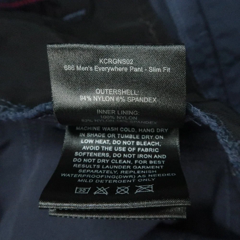 686 Pants Mens 32x32 Blue Everywhere Slim Fit Stretch Lined Zip Pocket